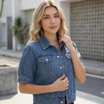 Women's Short Sleeve Denim Jacket with Puff Sleeves and Lapel Collar, Single-Breasted, Pockets L