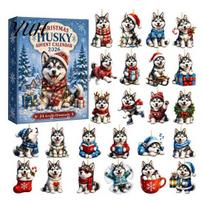 Christmas Tree Hanging Decoration Husky Advent Calendar 2026 with 24 Unique Acrylic Pendants for Decorations, Party Favor Cute Dog Themed Holiday A gray