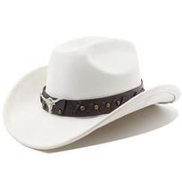 Cow head suede western cowboy hat woolen jazz top hat men and women's ethnic style autumn and winter felt hat big eaves hat M（56-58cm） white