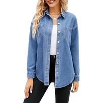 Women's Loose Long Sleeve Denim Jacket Shirt Casual Button-down with Pockets Versatile Denim Top for Women European American Size L gray