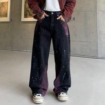 Mens Wide Leg Straight Cut Denim Pants Vintage Washed Loose Fit Streetwear Casual Trousers Aurora Purple 2XL black
