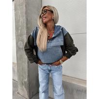 Women Denim Patchwork Hooded Sweatshirt Half Zip Drawstring Long Sleeve Kangaroo Pocket Loose Casual Pullover Top S black