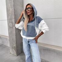 Women Denim Patchwork Hooded Sweatshirt Half Zip Drawstring Long Sleeve Kangaroo Pocket Loose Casual Pullover Top XXL gray