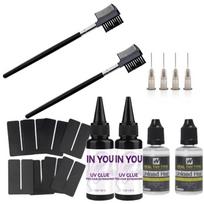 Pilnas UV plaukų priauginimo rinkinys su 8 apsaugomis, 2x30g klijų ir 2x30ml nuėmiklio, greitai džiūstantis profesionalus saloninis ir „pasidaryk pats“ klijavimo rinkinys A set black