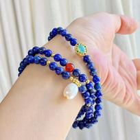 4Mm Natural Lapis Lazuli Freshwater Pearl Multi-Circle Design Bracelet Bracelet. beige
