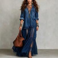 2026 Womens Retro Collar Faux Denim A-Line Midi Dress With Pockets Casual Long Sleeve 3XL tamsiai mėlyna spalva