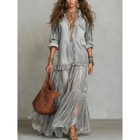 2026 Womens Retro Collar Faux Denim A-Line Midi Dress With Pockets Casual Long Sleeve 2XL