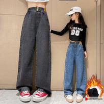 2026 Autumn/Winter Girls' Velvet Wide-Leg Denim Pants 130 cm black