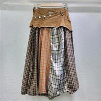 Womens Patchwork Plaid Denim Midi Skirt High Waist A-Line Slim Fit Street Style Medium brown