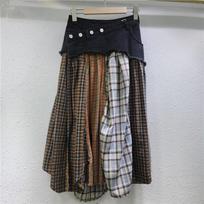 Womens Patchwork Plaid Denim Midi Skirt High Waist A-Line Slim Fit Street Style Small