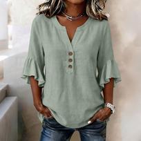 Women V Neck Cotton Linen Blouse with Ruffle 34 Sleeves Button Front Loose Fit Tunic Top for Casual Office Daily Wear L gray