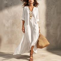 Women's V-Neck Cotton Linen Dress with Pockets, Loose Fit Casual Summer Vacation Dress for Beach, Travel, and Daily Wear XL balta