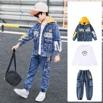 Children's Fashionable Denim Three-Piece Set: Spring/Fall Casual Outfit for Boys 120 gray