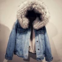 Womens Oversized Denim Hooded Coat With Removable Faux Fur Collar Thick Warm Cotton Padded Jacket Winter 2XL black