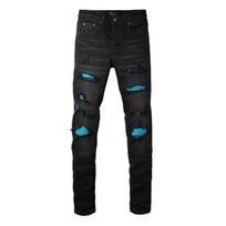 Mens Distressed Ripped Straight Fit Denim Jeans Vintage Streetwear Style Cotton Blend Mid-Rise Fall Waist 34in black