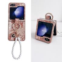 Dėklas Samsung Galaxy Z Flip 6 5 4 3, spalvingas, kiniško stiliaus, raštuotas, odinis, su žiediniu laikikliu ir apyranke, smūgiams atsparus galinis dangtelis for Galaxy Z Flip 3&case with bracelet gray
