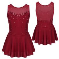 Vaikams mergaitėms be rankovių Rhinestones gimnastikos triko suknelė su tinklelio siūlėmis dailiojo čiuožimo suknelė baleto spektaklio šokių kostiumai 15-16 Years bordinė