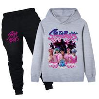 PB1229 Kids Boys Girls Kpop Mira Zoey Rumi Sajaboys Print Long Sleeves Hoodie Pants Trousers Clothes Sets 170cm pilka