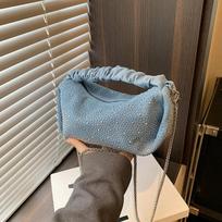 Feminine Diamond Denim Bag New Fashion Design Current Crossbody Single Shoulder Unique Blue Pleated Bag gray