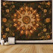 Bohemiškas povo plunksnų mandalos gobelenas, spalvingas gėlių raštas su žvaigždėtu galaktikos fonu, didelis sieninis dekoras miegamajam 70x100CM brown