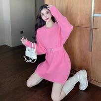 Lazy wind waist sweater skirt women's clothing autumn and winter new outer wear fashion design sense medium and long knitted top One size fits all rožinė raudona spalva