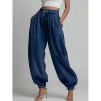 Womens High-Waisted Zippered Cuffed Denim Pants Loose Fit Vintage Style Wide-Leg Jeans 2025 Large gray
