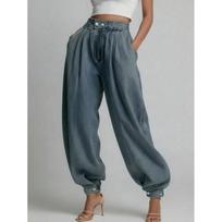 Womens High-Waisted Zippered Cuffed Denim Pants Loose Fit Vintage Style Wide-Leg Jeans 2025 XXL black