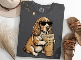 English Cocker Spaniel Drinking Iced Coffee Shirt, Funny Spaniel Meme Tee, Dog Lover Gift 4XL gray