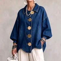 Oversized Button-Up Denim Jacket Women Loose Fit Square Neck Long Sleeve Cotton Casual Workwear 2026 XXXL blue