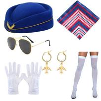 Stewardess Costume Accessories with Stewardess Hat Scarf Gloves Sunglasses Earrings Stocking for Women Girl Cosplay blue