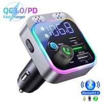 Bluetooth 5.0 FM Transmitter PD &QC3.0 Car Charger Adapter  with Voltage Display Bass Sound MP3 Player Auto Accessories gray