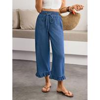 2026 Womens Relaxed Fit Straight Leg Denim Pants With Ruffled Hem Pocket Detail Lightweight Cotton Blend Large