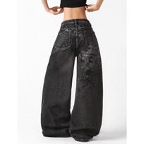 High-Waisted Straight Leg Denim Jeans With Embroidery Detail Streetwear Womens Fashion Pants Large black