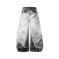Mens Baggy Straight Fit Denim Jeans With 3D Digital Print Splatter Effect Mid-Rise Loose Wide Leg Streetwear Medium white