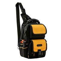 Tool Bag with Elastic Slots, Front Mesh Pocket and Shoulder Carry Design for Electrical Repair and Service Work geltona