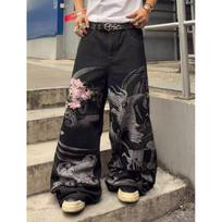 High-Waisted Straight Fit Denim Jeans With Dragon Print Streetwear Casual Pants Men XL black