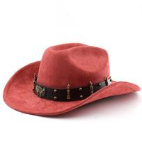 Suede Western Cowboy Hat Vintage Metal Jazz Hat Men's and Women's Ethnic Style Autumn and Winter Big-brimmed Top Hat M（56-58cm） pink