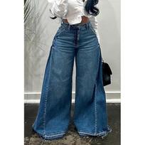 Womens Wide Leg Y2K Blue Washed Denim Flare Pants Loose Oversized Cropped Bell Bottoms 3XL gray