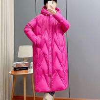 Moteriškas laisvas ilgas paltas, baltų ančių pūkų striukė, moteriškas žieminis viršutinis drabužis, žieminis gobtuvu pūkinis plunksnų parkas XS pink