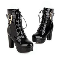 Seksualūs Vienspalviai Batai Raišteliais Vienos Spalvos Oda Aukštas Storas Kulnas Platforma Ankle Trumpikės Batai Unisex Didelis Dydis Spynos Batai 34 juoda