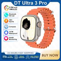 Išmanusis laikrodis DT Ultra 3 su AMOLED ekranu, 4GB MP3 MP4 grotuvas, Bluetooth, tinklo bendrinimas, programų parduotuvė, ChatGPT, išmanusis AI laikrodis, vyriškas sportinis laikrodis Silicone oranžinė