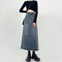 Raw Edge High-waisted Denim Skirt Female Summer Pear-shaped Retro Cover Meat A-line Package Hip Medium-length Half-body Fashion Denim Bustier Skirt XL gray