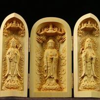 1Pc Exquisite Boxwood Carving Guanyin Buddha Statue Western Sansheng Wood Carving Crafts Home Decoration brown