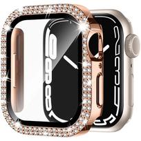 Grūdintas stiklas+Deimantinis dėklas Apple laikrodžiui 46mm 40mm 44mm 42mm 41mm 45mm Bling Buferis Apsauginis iWatch Series 10 9 7 8 SE 46mm series 10 ryškiai rožinė