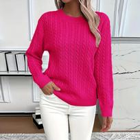 Women’s Long Sleeve Crew Neck Cable Knit Pullover Sweater Classic Fit Pattern Soft Lightweight Top for Everyday Wear M karšta rožinė spalva