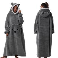 Nešiojama pledinė suknelė-megztinis moterims, ilgomis rankovėmis, oversized chalatai, šiltas, jaukus, milžiniškas gobtuvas, flaneliniai pledai su kišene, moteriškas žiemos gobtuvas, chalatas One size gray