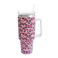 Izoliuotas kelioninis puodelis su rankena ir šiaudeliu kasdieniam važiavimui į darbą ir lauko veiklai Cow Pink Leopard white