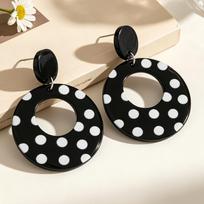 Hong Kong Style Retro Black & White Polka Dot Earrings: Double Layer Round Acrylic for Women gray