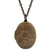 Engraved Flower Pattern Locket Necklace Oval Shape Clavicle Chain Photo Box Necklace Jewelry Gift for Women Girl Teen 1 brown