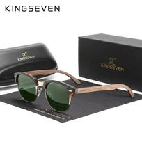 KINGSEVEN Prekės ženklo riešuto medienos akiniai nuo saulės vyrams ir moterims Poliarizuoti UV400 lęšiai Medinis apvalus rėmelis Akiniai Vintage Retro prabangūs akinių rėmeliai Daugialypiai black